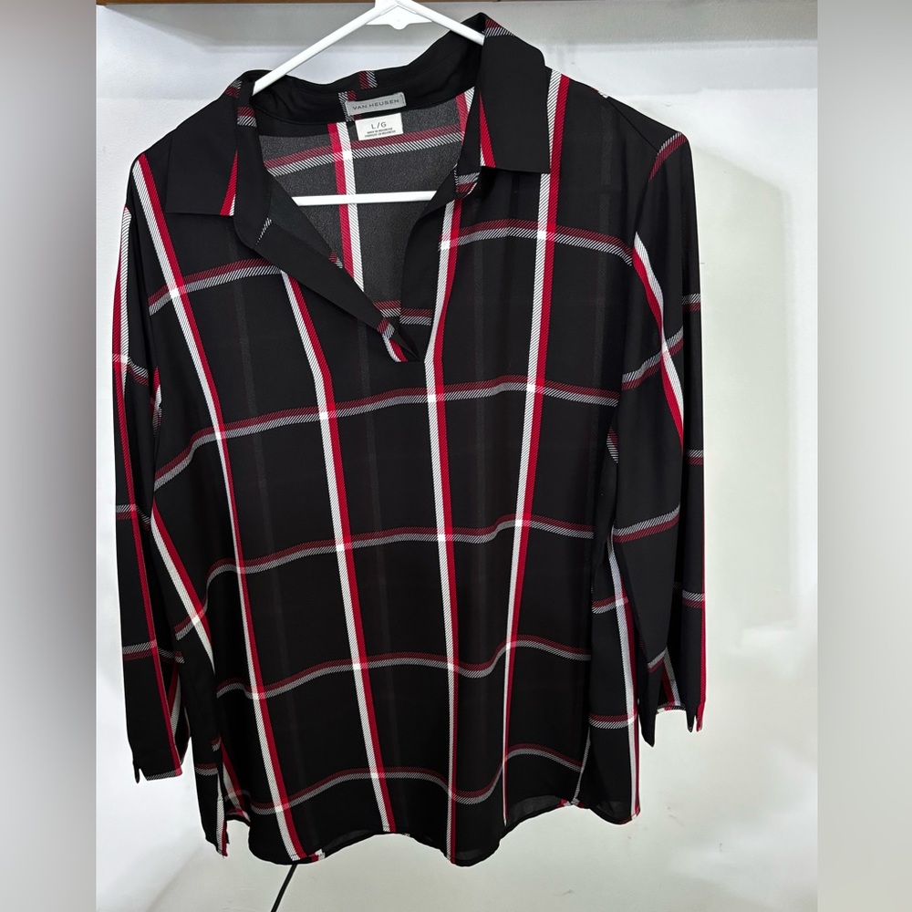 Van Heusen Black Red White Plaid Sheer Tunic Top Collared V-neck Blouse Sz L